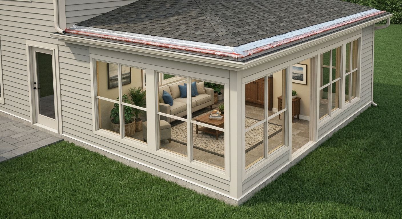 Rendered view of a converted patio: an attached insulated sunroom with glazed walls, a sloped roof with flashing and gutters, and a visible furnished interior.