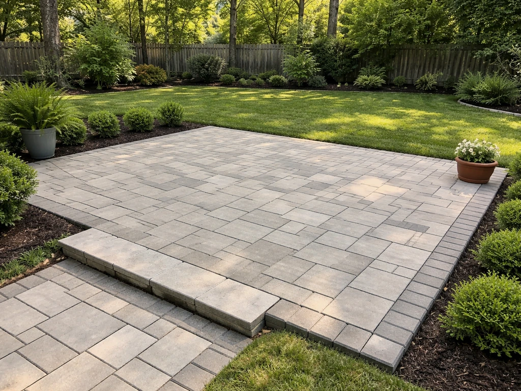 Wide view of a finished residential patio with pavers, edging, and simple landscaping in a backyard