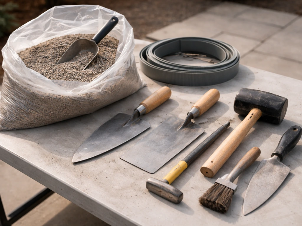 Close-up of patio construction tools and concrete edging forms laid out on a work surface.