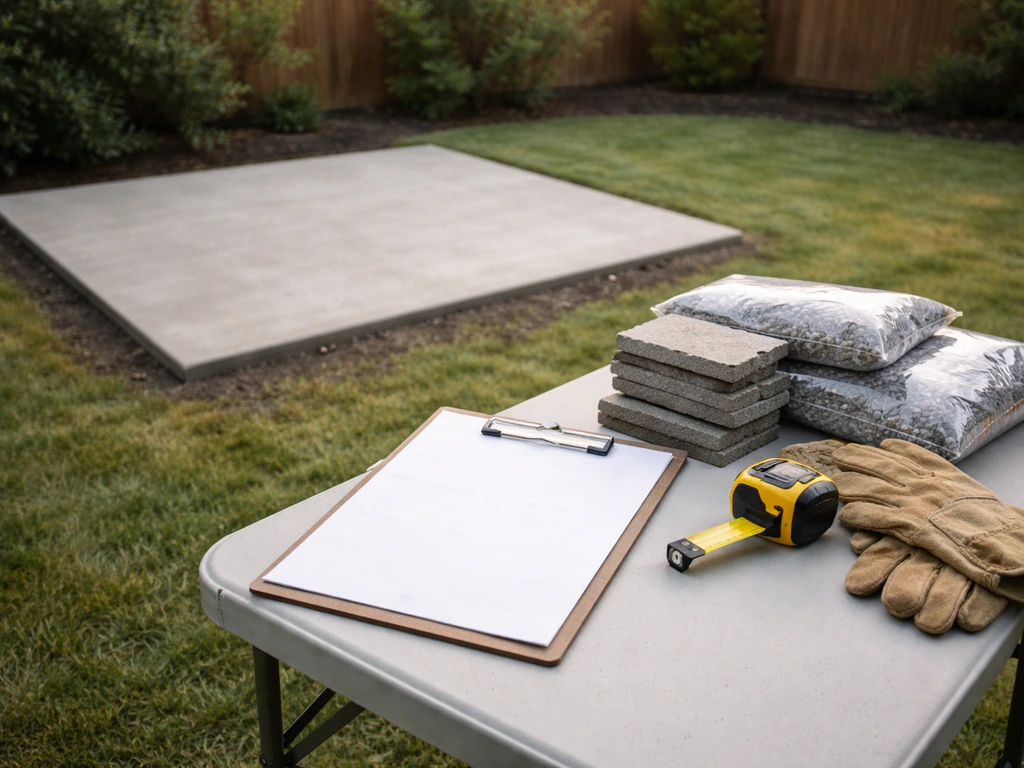 Minimal backyard patio with contractor-style materials laid out, suggesting patio quote comparison for installation.