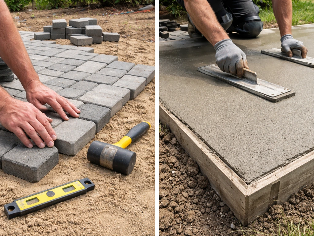 Split-scene photo: DIY paver patio laying with tools on one side, pro concrete slab finishing on the other