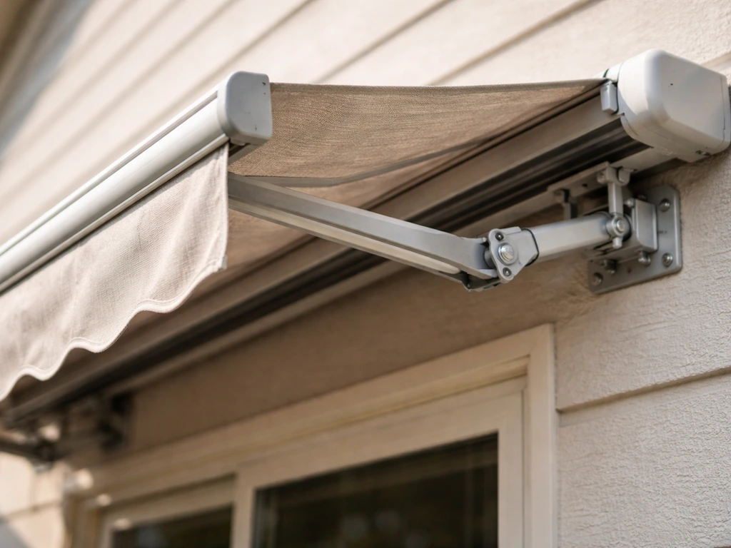 Close-up of an extended retractable awning with fabric canopy and wall mounting hardware