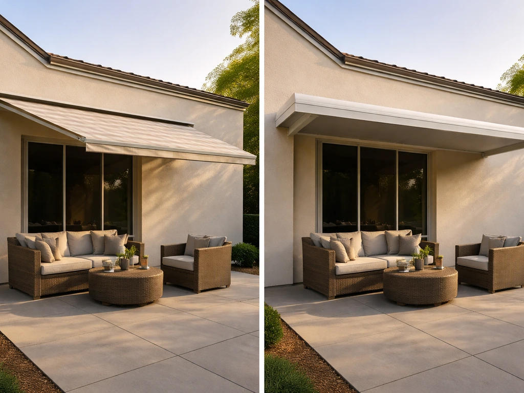 Split view patio showing extended retractable awning shade versus solid patio cover blocking overhead sun.