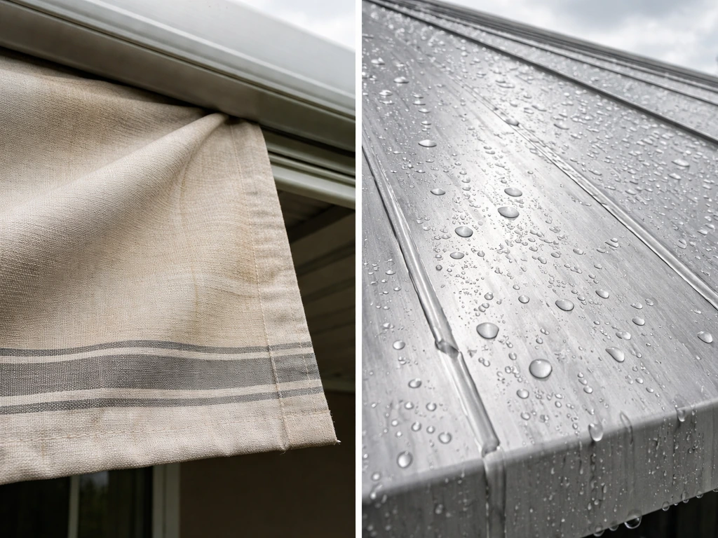 Close-up of faded awning fabric beside an aluminum patio roof with water beading and runoff.