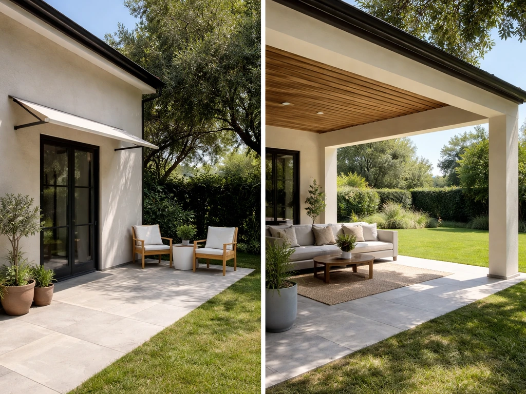 Minimal backyard showing an awning on a door area next to a larger covered patio room
