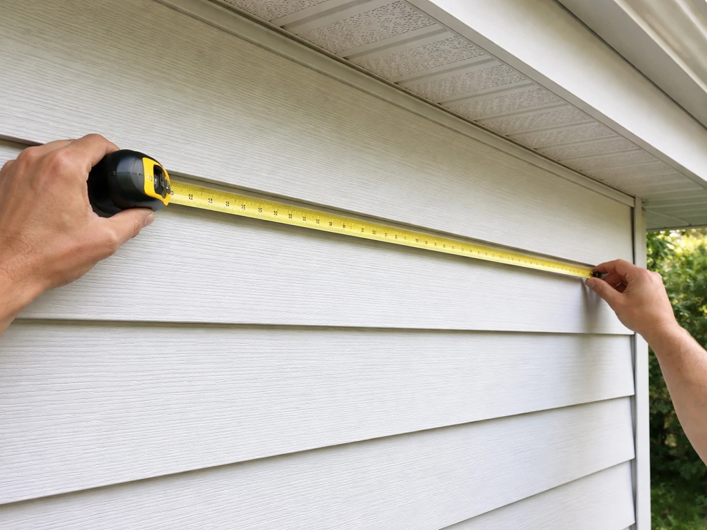 Hands measure a patio awning on a house exterior with a tape measure showing width and projection.