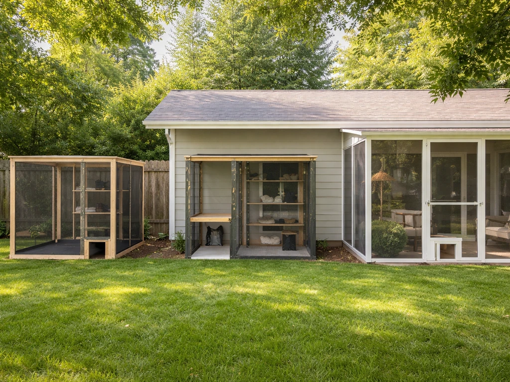 Three simple outdoor cat patio setups side-by-side: standalone, attached, and enclosed patio with mesh screening.