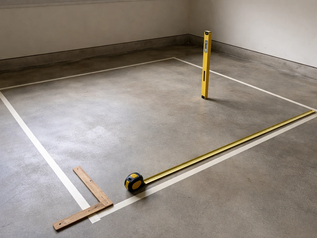 Measuring tape stretched over a simple floor layout with a small frame showing 6x8 and ceiling height.
