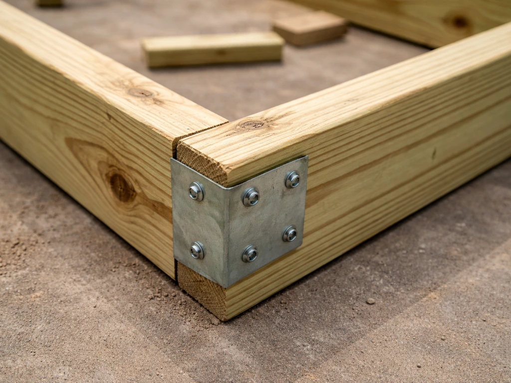 Close-up of pressure-treated 2x4 lumber corner joints being framed together for a floor or wall frame.