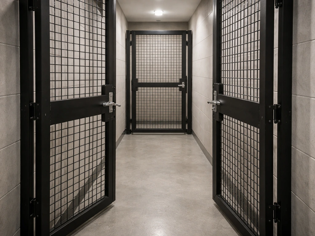 Minimal double-door airlock entry with an outer gate and inner gate separated by a small buffer space.