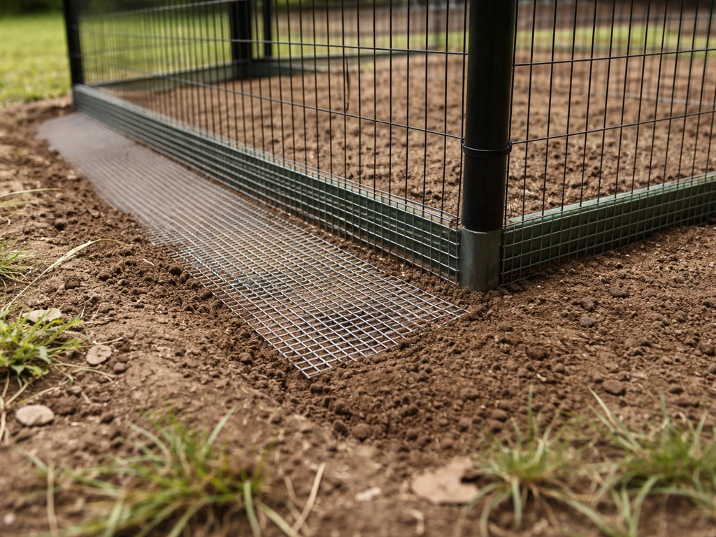 Close-up of a buried anti-dig hardware cloth apron around a fence base with a secure edge transition.