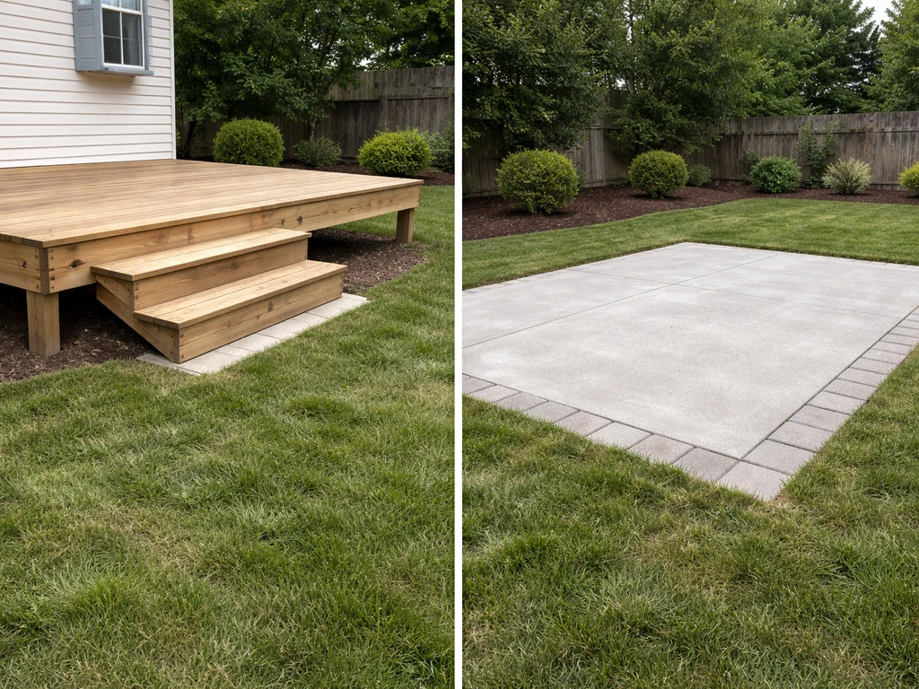 Backyard with an elevated wooden platform deck beside a ground-level concrete/paver patio.