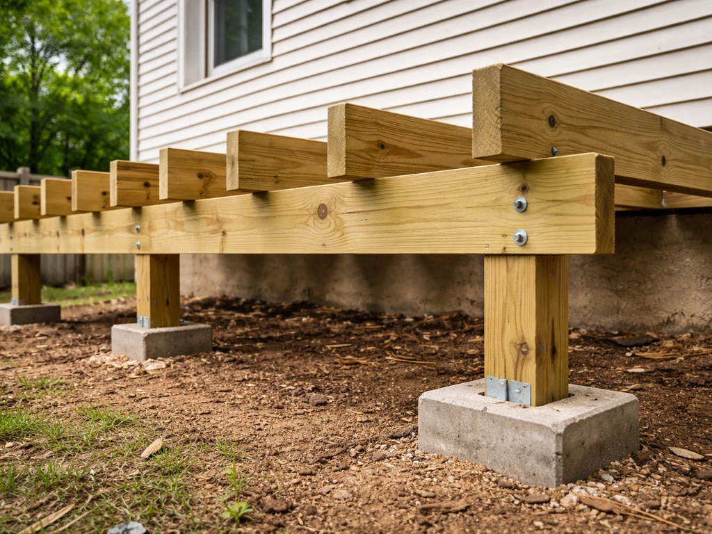 Low view of a near-house platform deck frame with joists and concrete footings supporting the deck.