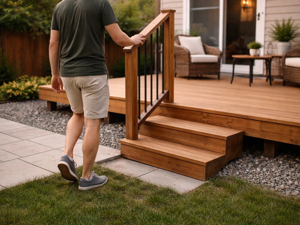 Elevated wooden deck with a short stair leading up, contrasted against a nearby grade-level patio.