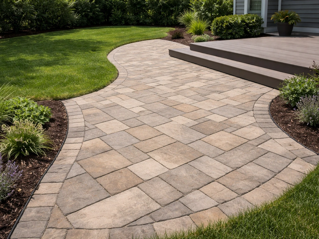 Paver patio with curved edge following an irregular yard border, contrasting with a straighter deck footprint.