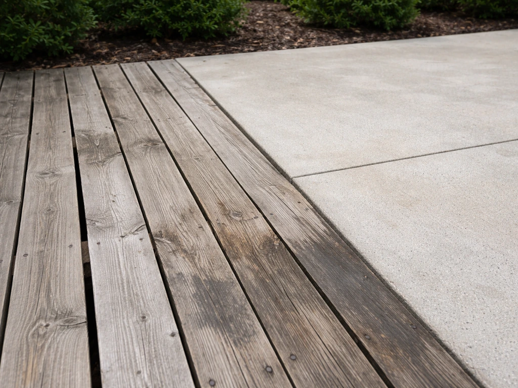 Close view of warped, weathered deck boards next to a relatively intact concrete patio surface.