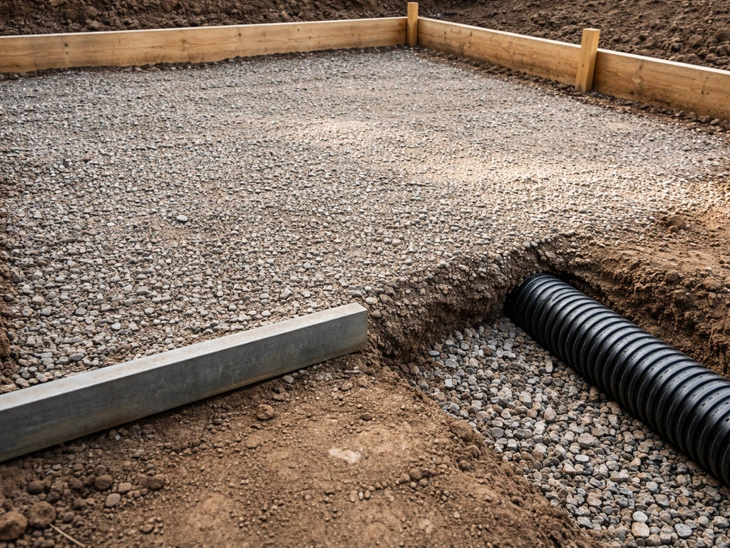 Close-up of patio ground prep: compacted gravel layers, leveled base, and drainage slope with pipe.