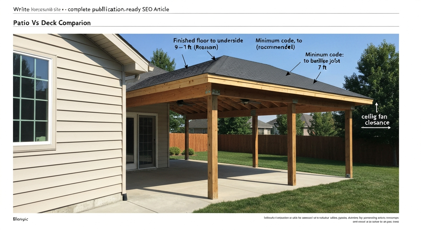 Illustration of an attached patio cover with labeled measurements showing recommended 9–10 ft finished height, ledger attachment, posts, beam, roof and ceiling fan clearance.