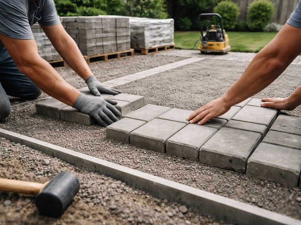 Backyard patio installation with hands placing pavers over base gravel and materials on-site.