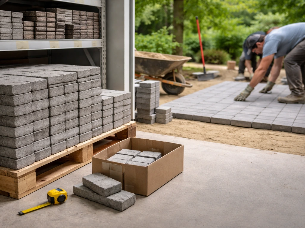 Split concept: pavers in a home improvement store beside an on-site patio crew laying pavers outdoors.
