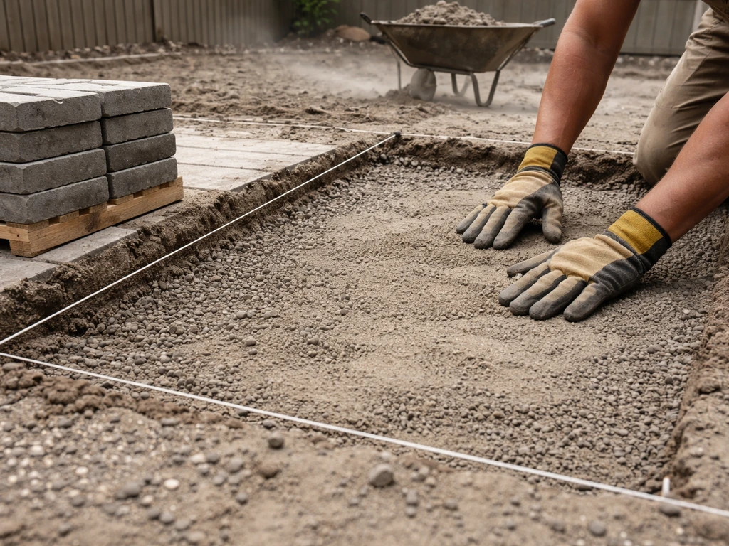 Gloved hands smoothing base material with pavers and marked patio layout, showing construction cleanup.
