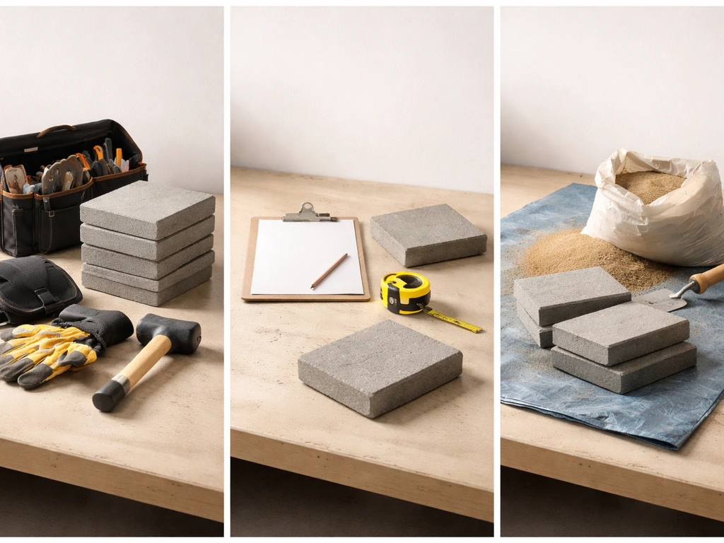 Three simple tabletop work setups with tools and pavers symbolizing professional, contractor, and DIY options.