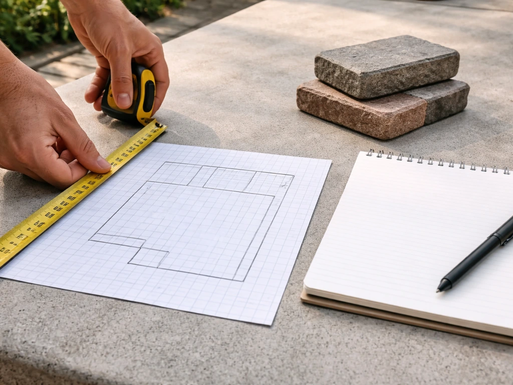 Hands measuring a patio while graph paper sketch, paver samples, and a blank notepad sit nearby