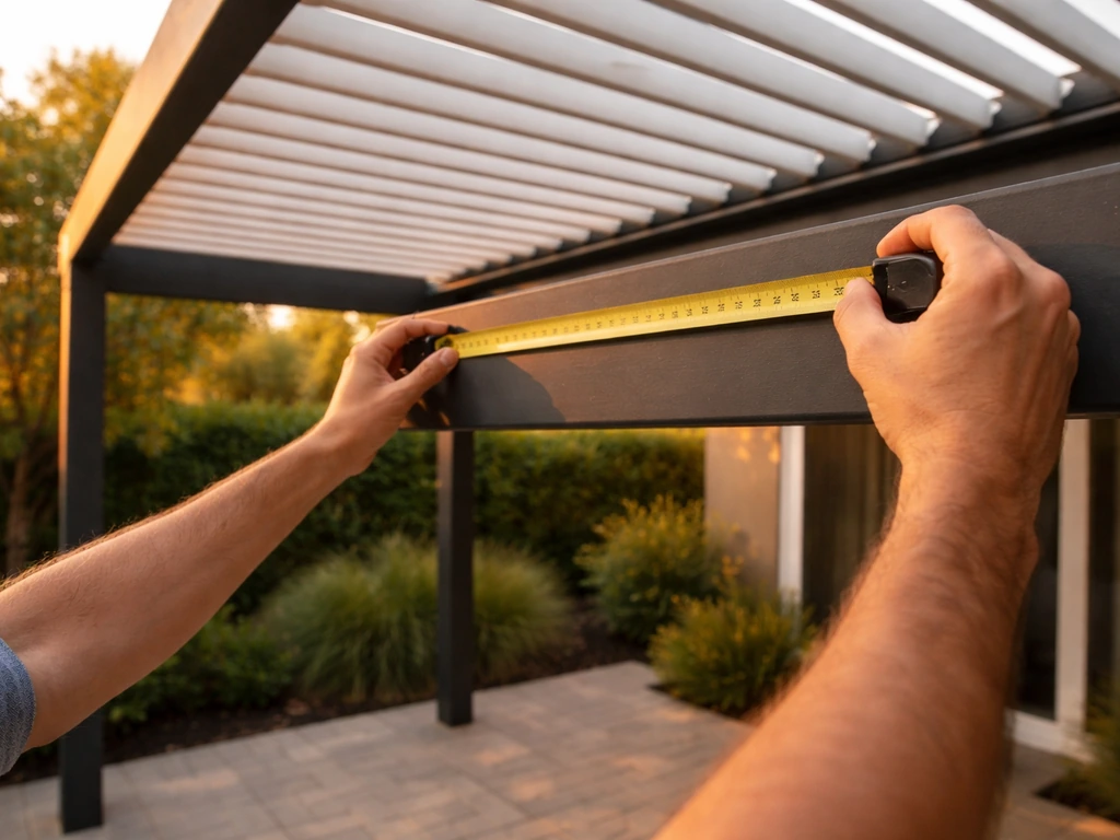 Anonymous hands measure a louvered patio cover on a quiet residential patio, suggesting size-based costs.