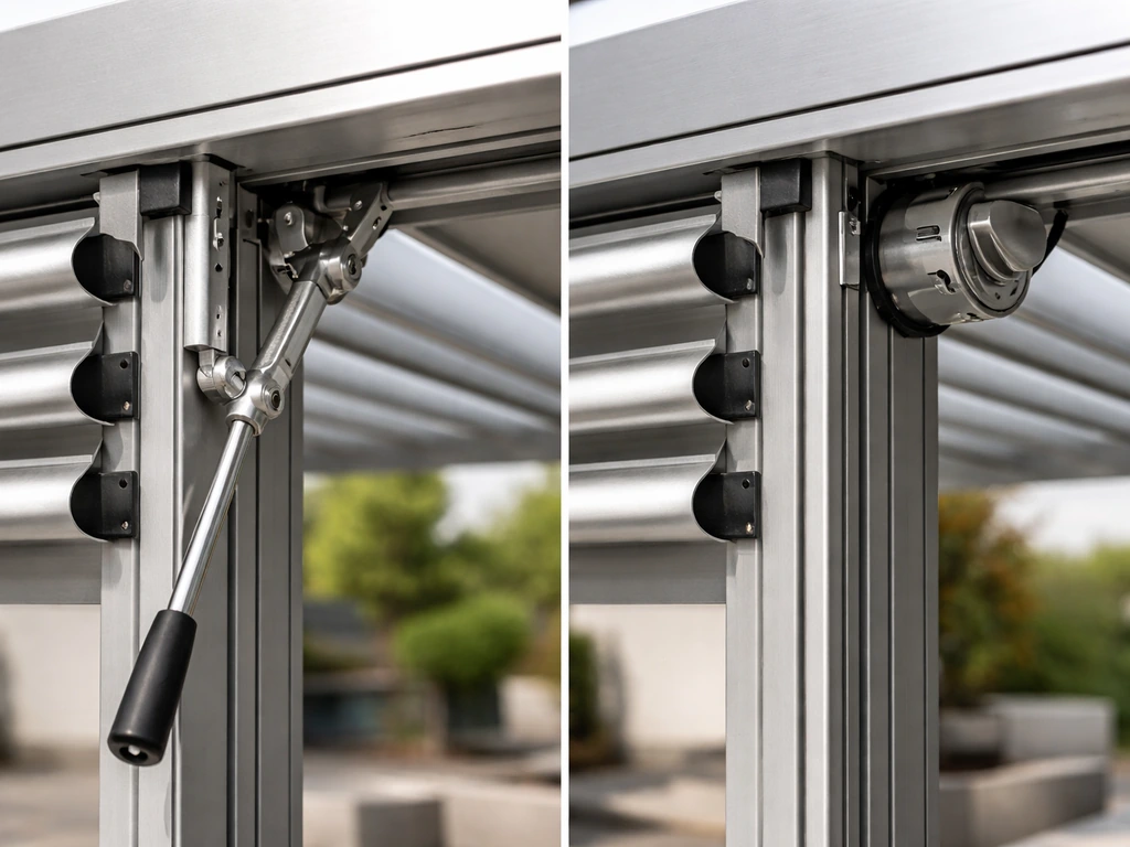 Closeup of manual crank and motorized control hardware on adjacent louvered pergola sections.