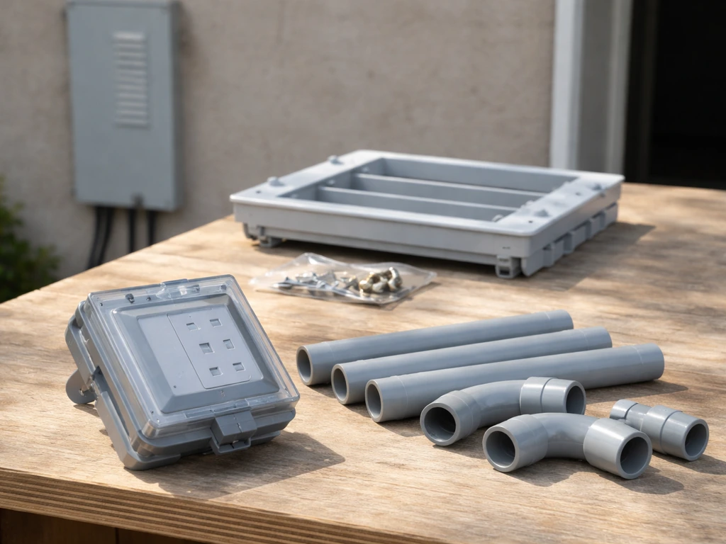 Minimal photo of an electrical outlet and small conduit fittings on a patio with louvered cover hardware nearby