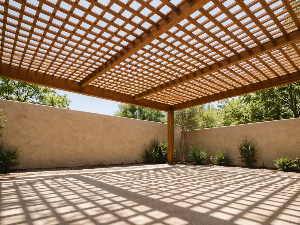 Close-up of a crisscross lattice patio cover casting dappled shade over a patio.
