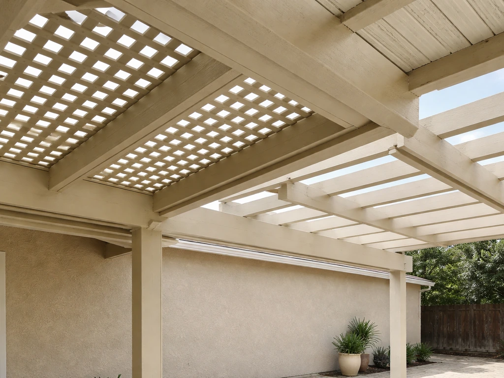 Lattice-filled patio cover contrasted with nearby open-rafter pergola-style structure, no people.