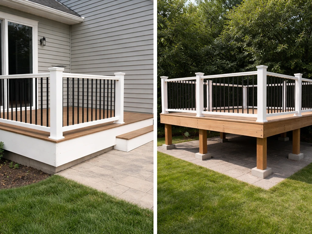 Two quiet yard scenes: one porch railing attached to a house wall, and one freestanding setup supported by posts.