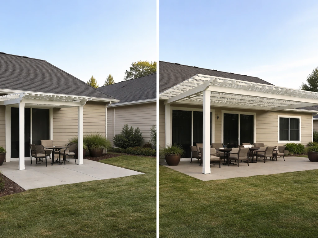 Adjacent small and large lattice patio covers attached to homes, showing cost-related scale difference.