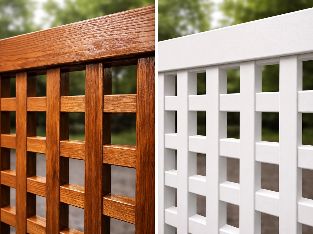 Close-up of a wood lattice cover freshly stained beside a low-maintenance vinyl/aluminum surface in soft light