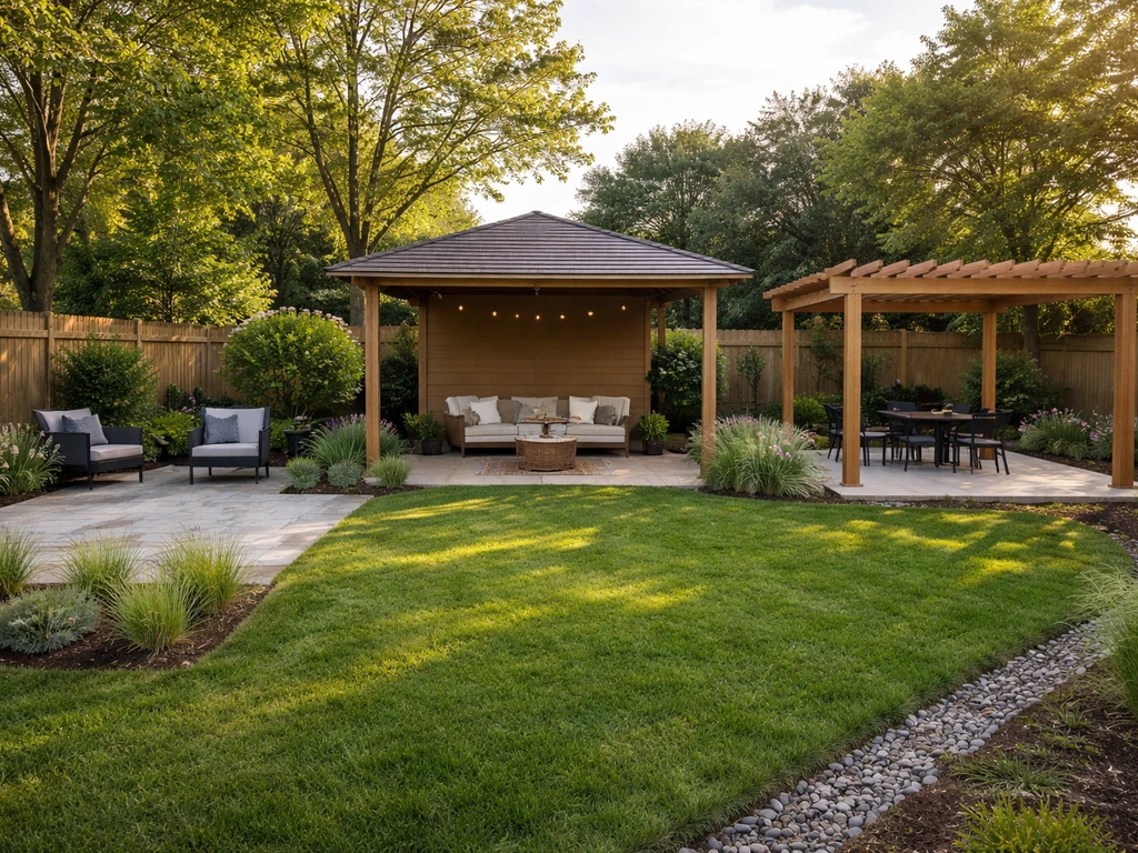 Minimal yard showing pavers, a covered patio corner, and a pergola side-by-side