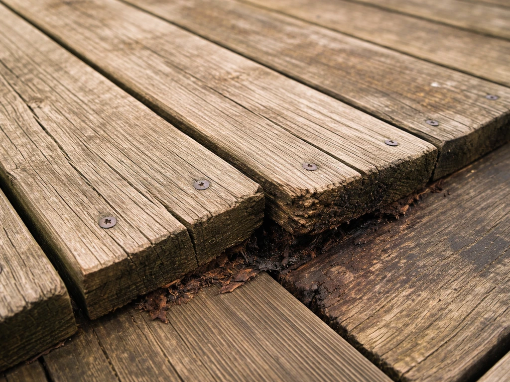 Close-up of warped pressure-treated deck boards with cracked wood and early rot near a corner.