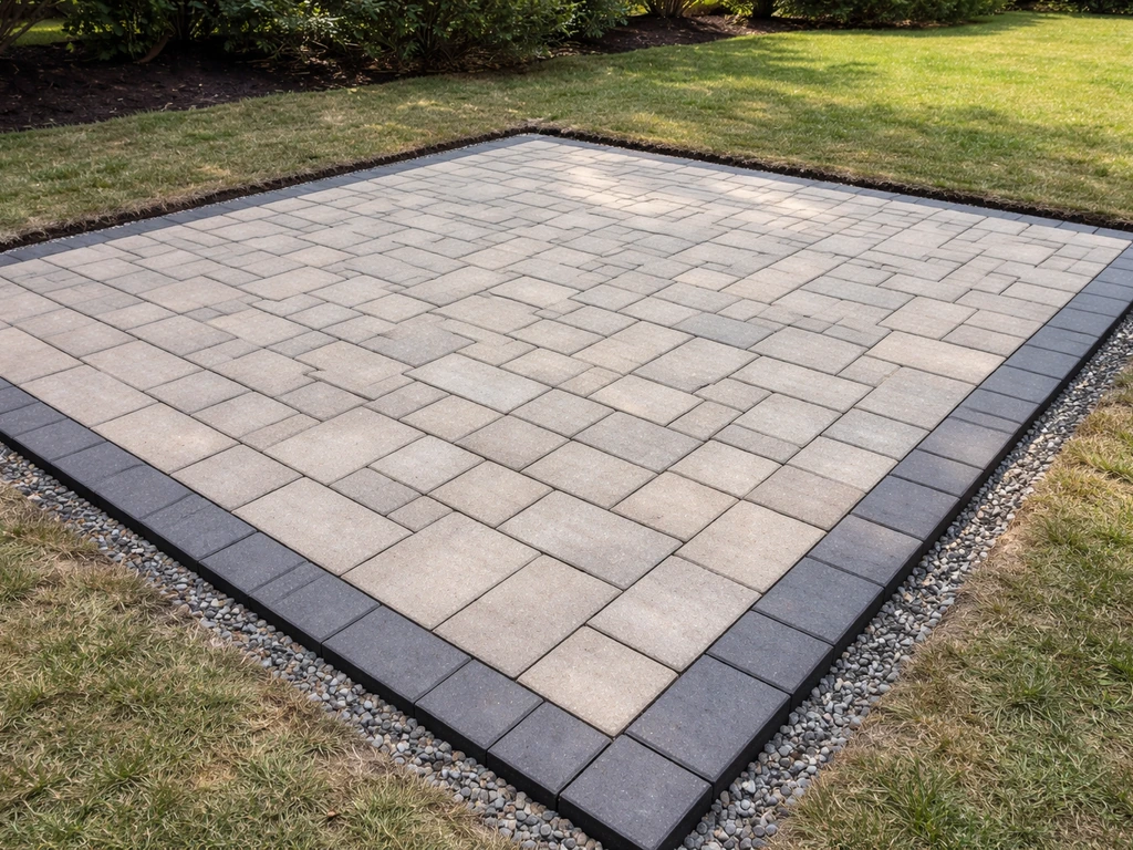 Neatly laid paver patio with a crisp edge detail and minimal, clean backyard setting.