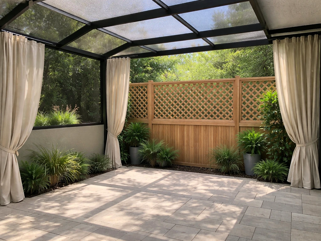 Backyard patio with screened enclosure, privacy lattice, and partially drawn curtains for visual screening