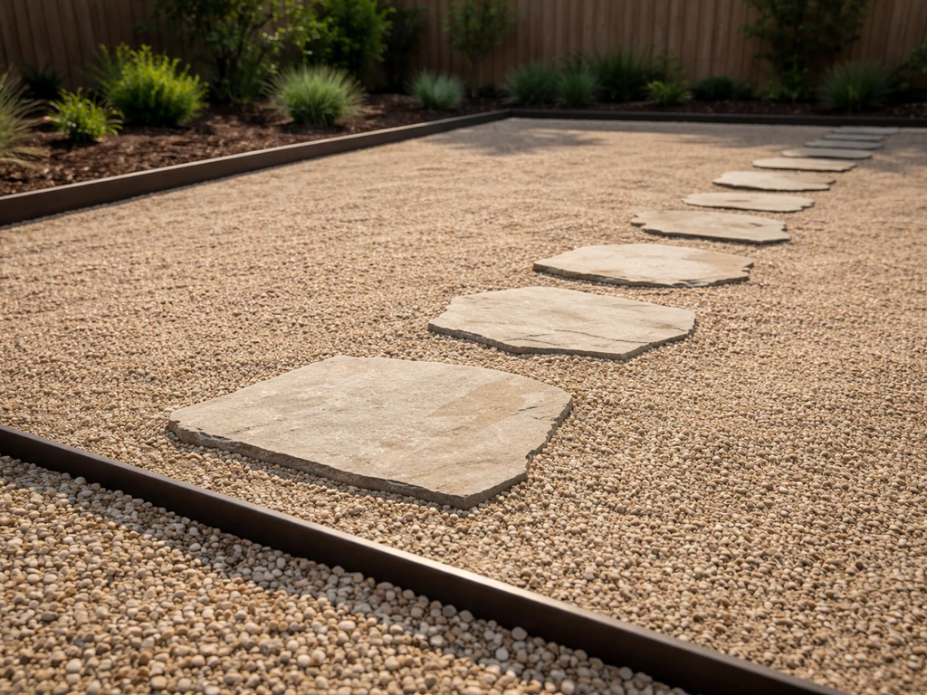 Minimal decomposed granite patio with edging and a few stepping stones in a backyard setting.
