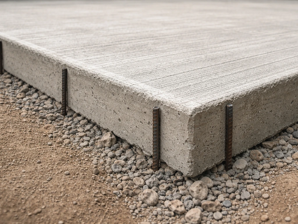 Close-up of a concrete patio slab edge showing thickness and rough rebar anchoring into the foundation.
