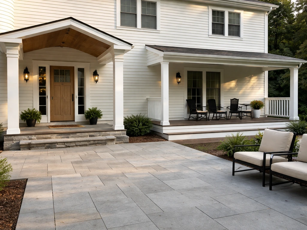 Front of a home showing an entry portico, an extended porch platform, and a separate ground patio.