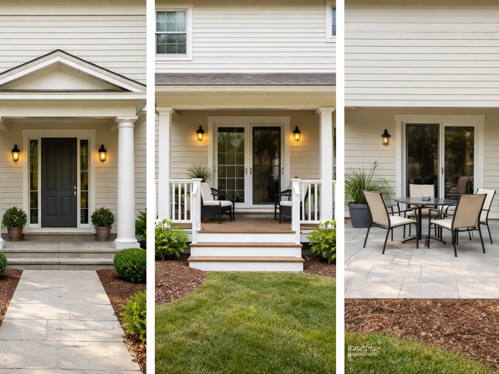 Three side-by-side views: a columned portico entrance, a attached porch, and a ground-level patio with pavers.