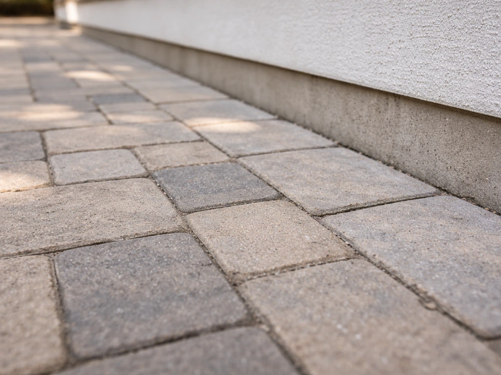 Close-up patio pavers meeting the house foundation edge with no roof or furniture.