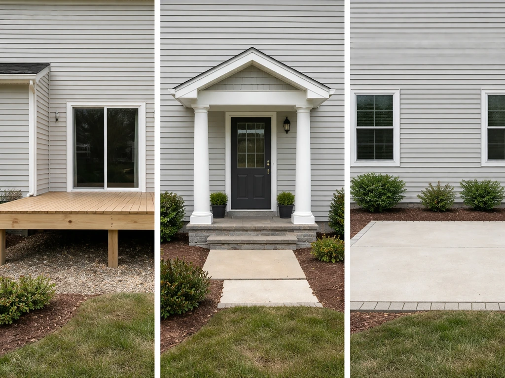 Three adjacent exterior structures showing porch deck, portico columns, and patio concrete slab.