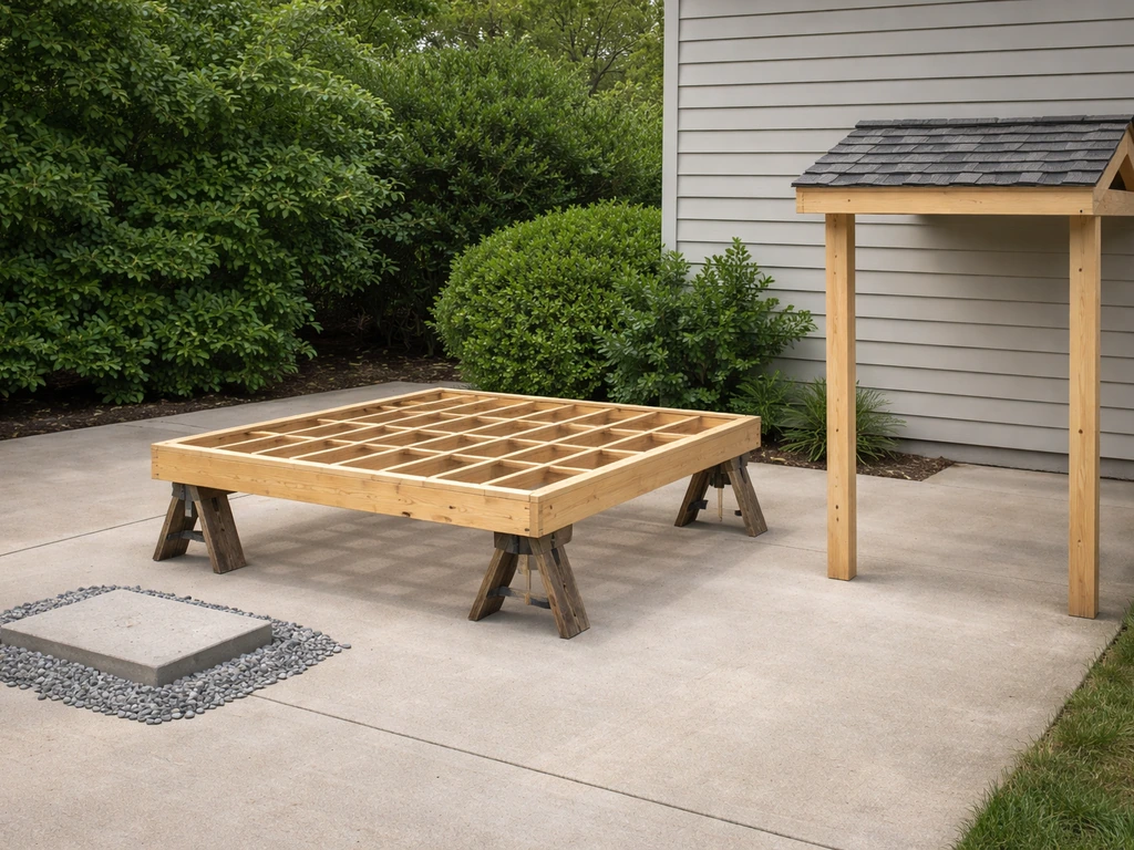Minimal backyard patio and simple porch framing elements staged to suggest home outdoor budget tiers