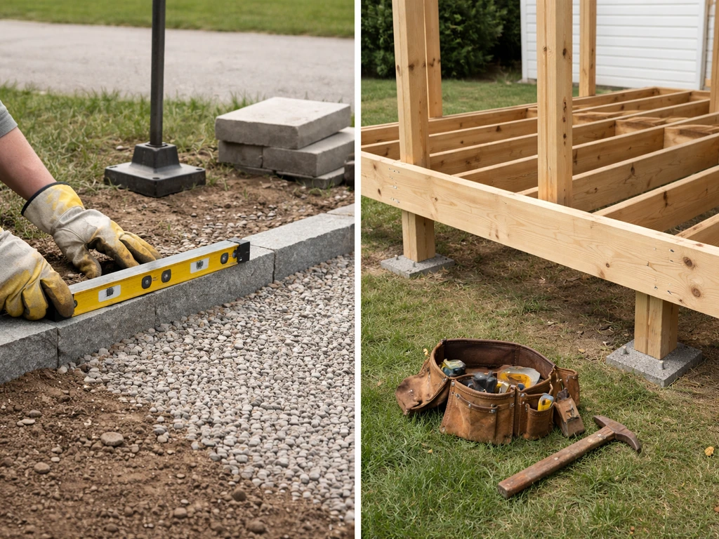 DIY patio prep with level and tamper contrasted with a staged porch/portico framing area.