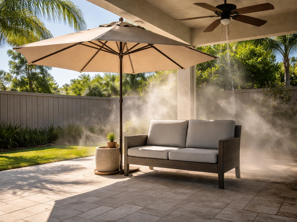 Sunny Florida patio with big umbrella shade, ceiling fan airflow, and light mist cooling the pavers