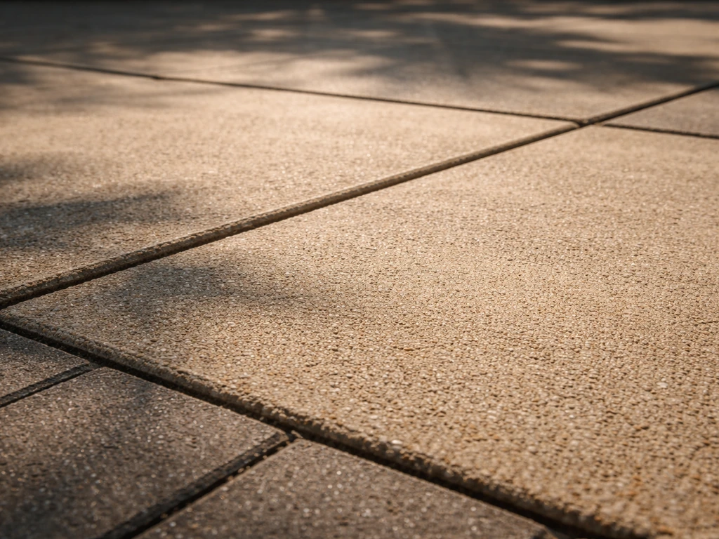 Sunlit concrete patio with sharp shadows and visible heat-haze above the pavers.