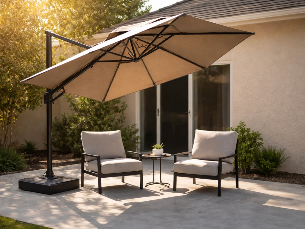 Large cantilever patio umbrella blocking afternoon sun over an outdoor seating area